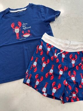 Janie and Jack Navy Blue and Red Crab Swim Trunks and Cotton Shirt